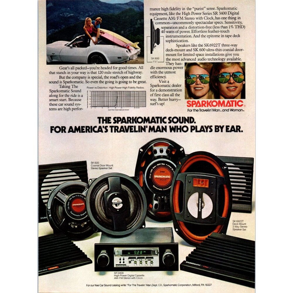 1980 Sparkomatic Car Stereo System Corvette Surf Board Vintage Print Ad Wall Art